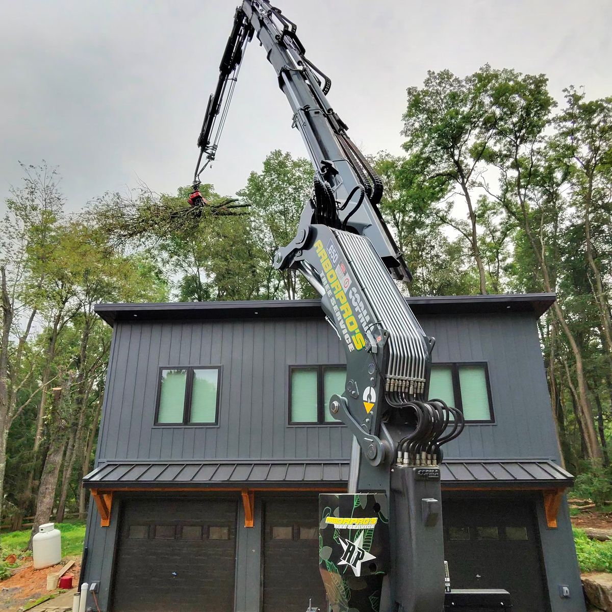 Crane boom lifting a branch over a two-car garage