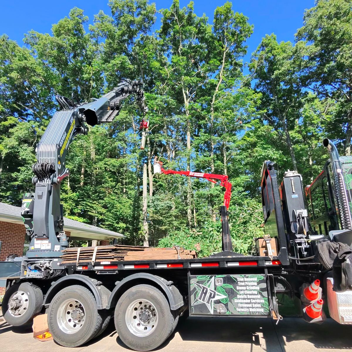Crane truck and spider lift working in tall trees beside a brick house