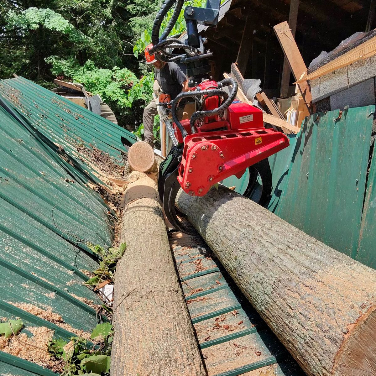Logs lifted off a collapsed roof